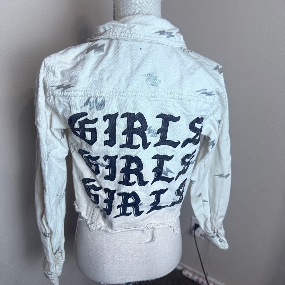 Forever 21 Girls Girls Girls Cropped Denim Jacket White Lightning Bolt Print XS